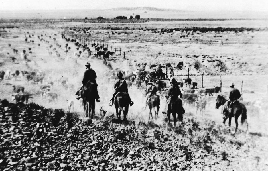 A group of men riding horses through the desert.
