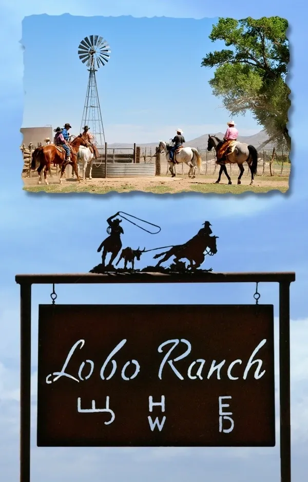 A sign that says lobo ranch with two cowboys on horseback.
